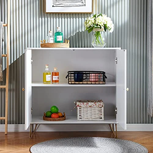 Ansley&HosHo-US White Sideboard Storage Cabinet, Modern Buffet Console Table Cupboard With 2 Doors For Kitchen Living Room Dining Room Entry Hallway Furniture, Credenza Sideboard Buffet Organizer 4 Ansley&HosHo-US White Sideboard Storage Cabinet, Modern Buffet Console Table Cupboard With 2 Doors For Kitchen Living Room Dining Room Entry Hallway Furniture, Credenza Sideboard Buffet Organizer - Image 4