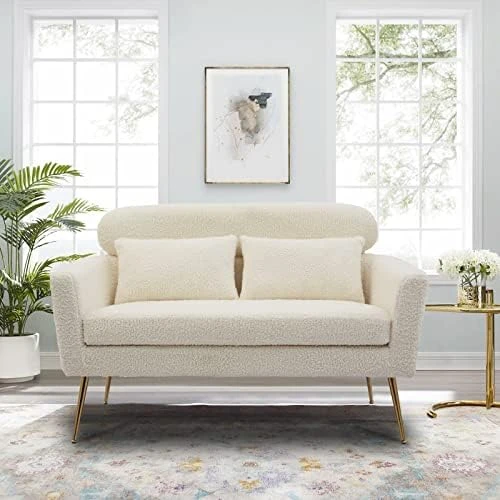 Betoko 51‘’ Loveseat Sofa Small Couch Two Seat Mid Century Modern Sofa With 2 Throw Pillows And Gold Metal Legs For Small Space Office Studio Apartments Bedroom,Ivory 11 Betoko 51‘’ Loveseat Sofa Small Couch Two Seat Mid Century Modern Sofa With 2 Throw Pillows And Gold Metal Legs For Small Space Office Studio Apartments Bedroom,Ivory - Image 11