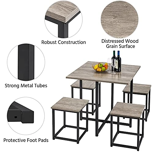 Yaheetech 5-Piece Dining Table Set - Industrial Kitchen Table & Chairs Sets For 4 - Compact Table With 4 Stools & Space-Saving Design For Apartment, Small Space, Breakfast Nook, Gray 4 Yaheetech 5-Piece Dining Table Set - Industrial Kitchen Table & Chairs Sets For 4 - Compact Table With 4 Stools & Space-Saving Design For Apartment, Small Space, Breakfast Nook, Gray - Image 4
