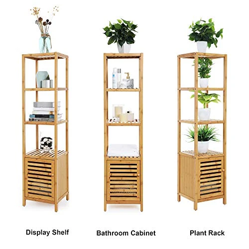 SONGMICS Bamboo Bathroom Storage Floor Cabinet, 4 Tiers Multifunctional Floor Shelving Unit, Free Standing Tower Corner Rack, Natural UBCB50Y 4 SONGMICS Bamboo Bathroom Storage Floor Cabinet, 4 Tiers Multifunctional Floor Shelving Unit, Free Standing Tower Corner Rack, Natural UBCB50Y - Image 4