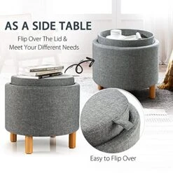 Giantex Round Storage Ottoman With Tray, Accent Storage Footstool W/ Soft Padding, Fabric Sitting Stool W/ Solid Wood Legs & Non-Slip Pads, Tray Top Coffee Table For Living Room, Bedroom (Grey)