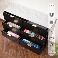 ANBUY Black 6 Drawer Double Dresser For Bedroom, Dual Chest Of Drawers Modern Dresser For Bedroom With Gold Handles Imitation Marble Texture (Black) 11 ANBUY Black 6 Drawer Double Dresser For Bedroom, Dual Chest Of Drawers Modern Dresser For Bedroom With Gold Handles Imitation Marble Texture (Black) -Songmics Furniture Shop 51s3zWuzggL