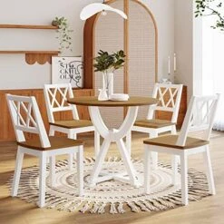 Merax 5-Piece Dining Table Set Round Table With Bottom Shelf And 4 Upholstered Chairs For Kitchen Dining Room（Espresso） -Songmics Furniture Shop 51s55jZ54jL. AC