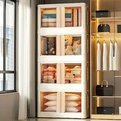 4Pcs Plastic Storage Containers With Handle For Clothes Organizing Cabinet Stackable Lidded Storage Bins With Wheel,8.5Gal Collapsible Storage Box For Snacks Pantry Bedroom Closet Playroom Office