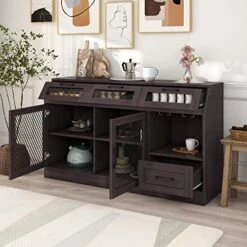 LUMISOL Sideboard Buffet Server Storage Cabinet With Metal Mesh Doors, Kitchen Buffet With 4 Drawers And Wineglass Holders