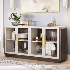 BELLEZE Sideboard Buffet Cabinet, Modern Wood Glass-Buffet-Sideboard With Storage, Console Table For Kitchen, Dinning Room, Living Room, Hallway, Or Entrance - Brixston (Brown) -Songmics Furniture Shop 51sKX19uRL. AC