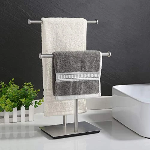 KES Hand Towel Stand For Bathroom Countertop Double-T Towel Holder Towel Rack With Square Base SUS304 Stainless Steel Brushed Finish, BTH209B-2 1 KES Hand Towel Stand For Bathroom Countertop Double-T Towel Holder Towel Rack With Square Base SUS304 Stainless Steel Brushed Finish, BTH209B-2