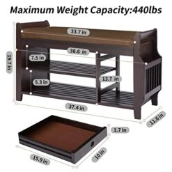 Bamboo Shoe Bench Entryway With Storage,FURFIMU Entryway Bench, Bench With Storage Basket,Bamboo Bench Removable Brown Cushion,2-Tier Entryway Shoe Storage With Umbrella Stand,Living Room Or Hallway-L -Songmics Furniture Shop 51sTc4bGRwL