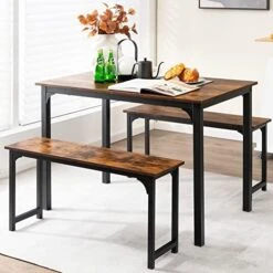 NAFORT 3-Piece Dining Table Set With 2 Benches, Wood Dining Room Kitchen Table & Benches Set For 4-6 Person, Metal Frame & Wood Tabletop Kitchen Dining Room Furniture Set, Natural &Black -Songmics Furniture Shop 51sZGj92L. AC