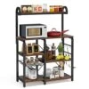 Tribesigns 35.5 Inches Kitchen Baker’s Rack Microwave Oven Stand, Industrial Kitchen Cart Utility Storage Shelf Organizer Coffee Bar With Wire Basket And 6 Hooks (Rustic Brown)