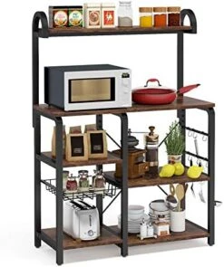 Tribesigns 35.5 Inches Kitchen Baker’s Rack Microwave Oven Stand, Industrial Kitchen Cart Utility Storage Shelf Organizer Coffee Bar With Wire Basket And 6 Hooks (Rustic Brown) -Songmics Furniture Shop 51shK7WzPKL. AC
