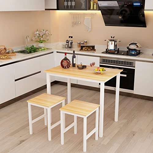 AWQM 3 Piece Dining Table Set, Small Kitchen Table And 2 Stools, Kitchen Breakfast Dining Table Set, Breakfast Table Of 35.43 X 23.62 X 29.92 Inches, Stools Of 13.8 X 13.8 X 17.8 Inches, Beige 4 AWQM 3 Piece Dining Table Set, Small Kitchen Table And 2 Stools, Kitchen Breakfast Dining Table Set, Breakfast Table Of 35.43 X 23.62 X 29.92 Inches, Stools Of 13.8 X 13.8 X 17.8 Inches, Beige - Image 4