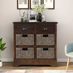 Merax Brown Morden Farmhouse Wood Storage Cabinet With Four Classic Rattan Basket Buffet Sideboard Brownrd For Kitchen/Dining Entryway/Living Room Light Grey, One -Songmics Furniture Shop 51sypo4eOhL. AC