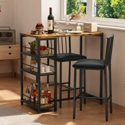 Gizoon Bar Table And Chairs Set For 2 With 3 Storage Shelves, Modern Pub Table Set With Pu Cushion Chairs & Thick Wood Top For Breakfast, 3-Piece Small Table For Kitchen - Black -Songmics Furniture Shop 51t6UDaoUYL. AC