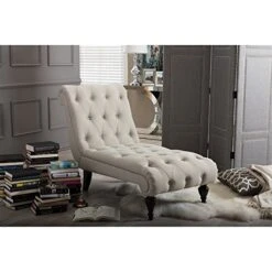 Baxton Studio Layla Mid-century Modern Light Beige Fabric Upholstered Button-tufted Chaise Lounge, Cream -Songmics Furniture Shop 51tGPpqI9GL