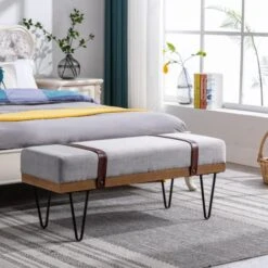 HEAH-YO Modern Indoor Bench, 18” Seat Height Entryway Bench With PU Leather Strap And Metal Legs, Linen Footstool And Ottoman For Living Room Bedroom, Gray -Songmics Furniture Shop 51tcuc1cvFL