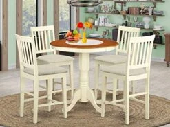 East West Furniture EDVN5-WHI-C 5 Piece Counter Height Dining Table Set Includes A Round Kitchen Table With Pedestal And 4 Linen Fabric Upholstered Dining Chairs, 30x30 Inch, Buttermilk & Cherry
