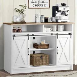 4ever2buy Coffee Bar Cabinet With Storage, Farmhouse Sideboard Buffet Cabinet With Sliding Barn Door, 52'' Kitchen Cabinet With Adjustable Shelves, White Coffee Bar Table For Living Dining Room