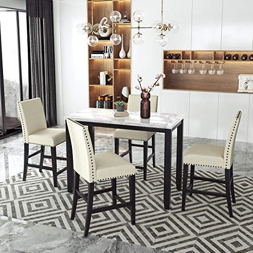 Harper & Bright Designs 5-Piece Faux Marble Top Dining Set, Counter Height Kitchen Table Set-Dining Table W/Faux Marble Top And 4 Beige High Back Upholstered Chairs W/Nailed Trim 1 Harper & Bright Designs 5-Piece Faux Marble Top Dining Set, Counter Height Kitchen Table Set-Dining Table W/Faux Marble Top And 4 Beige High Back Upholstered Chairs W/Nailed Trim