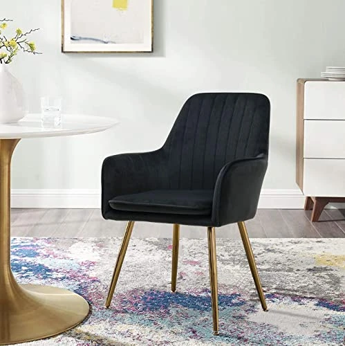 Altrobene Velvet Accent Chair, Home Office Desk Chair, Living Room Bedroom Arm Chair, Modern Dinging Chair, Girls Vanity Chair, Golden Finished, Black 2 Altrobene Velvet Accent Chair, Home Office Desk Chair, Living Room Bedroom Arm Chair, Modern Dinging Chair, Girls Vanity Chair, Golden Finished, Black - Image 2