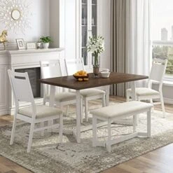 Merax Dining Table Set For 6, Wood Counter Height With Upholstered Chairs And Bench, Farmhouse Style Suitable For Family Gatherings, 59" X 35.4", White -Songmics Furniture Shop 51u62mAVBwL. AC