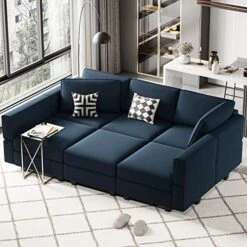 Belffin Modular Velvet Sectional Sofa With Chaise Lounge Sectional Sleeper Sofa With Storage Chaise Sofa Bed Couch For Living Room Blue…