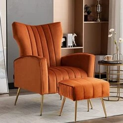 Artechworks Curved Tufted Accent Chair With Metal Gold Legs Velvet Upholstered Arm Club Leisure Modern Chair For Living Room Bedroom Patio, Caramel Color, Orange -Songmics Furniture Shop 51uHsUaz2wS