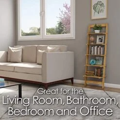 5-Tier Ladder Shelf - Wooden Narrow Leaning Book Shelf For Bedroom, Living Room, Or Kitchen Shelving - Boho Home Decor By Lavish Home (Oak)