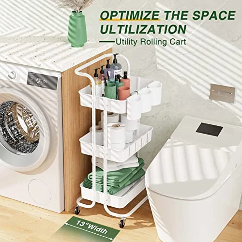 LEHOM 3-Tier Rolling Utility Cart With Hanging Cups & Hooks & Handle, Multifunctional Art Cart Organizer Storage With Wheels, Easy Assembly For Office, Bedroom, Kitchen, Bathroom, Laundry (White) 2 LEHOM 3-Tier Rolling Utility Cart With Hanging Cups & Hooks & Handle, Multifunctional Art Cart Organizer Storage With Wheels, Easy Assembly For Office, Bedroom, Kitchen, Bathroom, Laundry (White) - Image 2