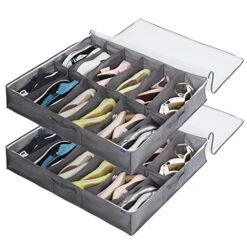 Surblue Under Bed Shoe Storage Organizer Underbed Shoes Closet Storage Solution 2 Metal Zippers And 3 Handles With Clear Cover For Men's And Women's Shoes Fits 24 Pairs Of Shoes, Set Of 2, Grey