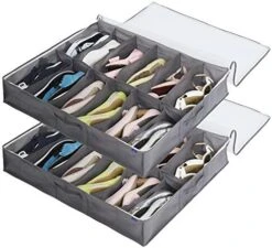 Surblue Under Bed Shoe Storage Organizer Underbed Shoes Closet Storage Solution 2 Metal Zippers And 3 Handles With Clear Cover For Men's And Women's Shoes Fits 24 Pairs Of Shoes， Set Of 2, Grey -Songmics Furniture Shop 51uPzs0TIPL. AC