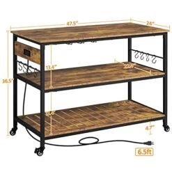 Yaheetech Kitchen Island With Power Outlet, Rolling Kitchen Cart With Wine Rack & Glass Holder & Hooks, Coffee Station Microwave Stand Wine Rack Table For Kitchen/Dinning Room, Rustic Brown -Songmics Furniture Shop 51uTqY0b9dL