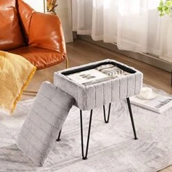 CUYOCA Vanity Stool Ottoman With Storage Bench, Faux Fur Stool For Vanity With Metal Legs, Makeup Chair Vanity Stool For Bedroom Living Room, White -Songmics Furniture Shop 51uUd7ujg L. AC