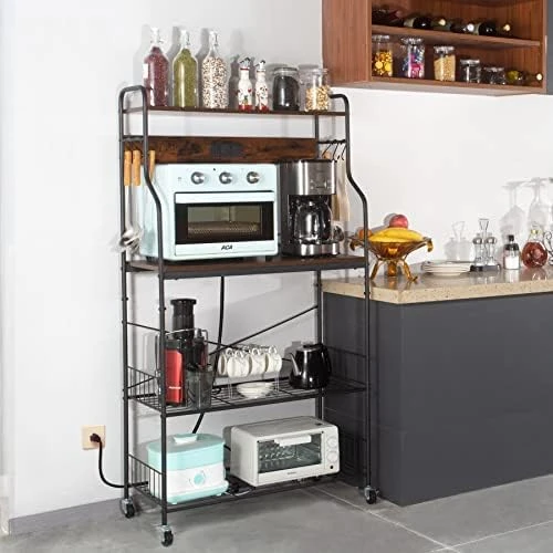 Kitchen Bakers Rack With 3 Power Outlets, 4 Tiers For Microwave, Coffee Station, And Storage Includes 6 Hooks, 48" Industrial Metal & Wood Microwave Stand Cart For Home Use - Rustic Brown 8 Kitchen Bakers Rack With 3 Power Outlets, 4 Tiers For Microwave, Coffee Station, And Storage Includes 6 Hooks, 48" Industrial Metal & Wood Microwave Stand Cart For Home Use - Rustic Brown - Image 8