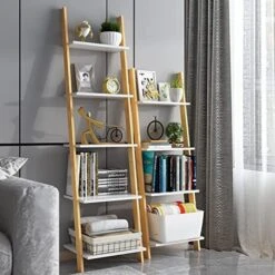 FekCits Ladder Bookshelf, 5 Tier Bamboo Leaning Ladder Shelf, Freestanding Plant Flower Stand Corner Display Bookcase For Living Room, Kitchen, Office, Balcony -Songmics Furniture Shop 51ugFy5CsyL