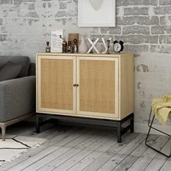 Goujxcy Rattan Accent Storage Cabinet, Farmhouse Wood Sideboard Buffet Cabinet With 2 Doors And Adjustable Shelves, Kitchen Cupboard Server Console Table For Dining Room, Bedroom, Hallway, Black -Songmics Furniture Shop 51uqYqNY1vS. AC