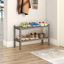 INTERBUILD Acacia Solid Wood Shoe Storage Organizer 2-Tier Stackable Shoe Rack, Dusk Gray -Songmics Furniture Shop 51uspfviUjL
