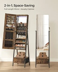 SONGMICS LED Cabinet Standing, Lockable Jewelry Armoire With Full-Length Mirror, Space-Saving Jewelry Organizer With Mirror, Bottom Drawer And Shelf, Gift Idea, Rustic Brown UJJC025X01 -Songmics Furniture Shop 51uwwmVHm0L