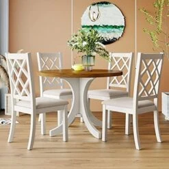 P PURLOVE 5 Pieces Dining Table Set Round Kitchen Extendable Dining Table With 4 Upholstered Chairs For Dining Room, Chair With Nail Head Trim, Bistro Table Set, Natural Wood Wash -Songmics Furniture Shop 51v2 tUUlL. AC
