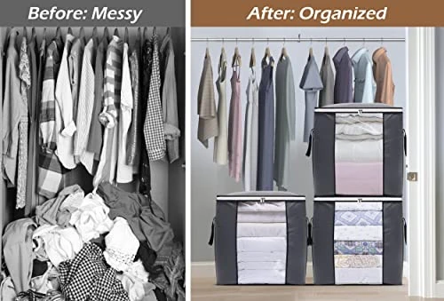 SLEEPING LAMB 120L Oversized Blanket Storage Bags Sturdy Fabric Clothes Storage Containers For King Comforter Bedding Pillow Sheet, Grey, 3 Packs 4 SLEEPING LAMB 120L Oversized Blanket Storage Bags Sturdy Fabric Clothes Storage Containers For King Comforter Bedding Pillow Sheet, Grey, 3 Packs - Image 4