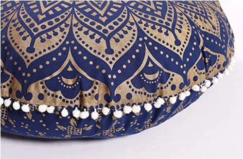 Rajasthaniartdecor Round Pouf Cover Cushion Cotton With Pom Meditetion Seating For Living Dorm Room Color Size 32 Inch Inches (Cover Only) (Blue Gold), RADC003-V, Inches(80 Cm) 2 Rajasthaniartdecor Round Pouf Cover Cushion Cotton With Pom Meditetion Seating For Living Dorm Room Color Size 32 Inch Inches (Cover Only) (Blue Gold), RADC003-V, Inches(80 Cm) - Image 2