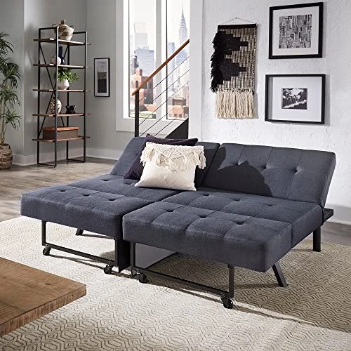 GENERIC 80" Wide Tufted Fabric Convertible Futon Blue Modern Contemporary Solid Metal Polyester Multi-Position 3 GENERIC 80" Wide Tufted Fabric Convertible Futon Blue Modern Contemporary Solid Metal Polyester Multi-Position - Image 3