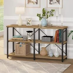 BON AUGURE Rustic Console Table Behind Sofa, Industrial Entryway Table With Storage Shelves, 3 Tier Long Bookshelf For Entry (55 Inch, Dark Grey Oak) -Songmics Furniture Shop 51vOK3KD8oL. AC