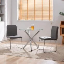 Bacyion Round Glass Dining Table Set For 2 - PU Leather Modern Dining Room Table Set For Small Spaces 3 Pieces Kitchen Tempered Glass Table And Chairs For Home Kitchen Living Room (Black) -Songmics Furniture Shop 51vSWdyyVmL. AC