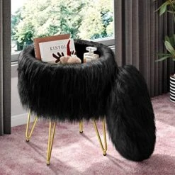 GREENSTELL Vanity Stool Chair Faux Fur With Storage, 15.75”W X 19.29’’H Round Soft Ottoman With 4 Metal Legs, Furry Padded Seat, Modern Multifunctional Makeup Stool For Bedroom Living Room, White -Songmics Furniture Shop 51vSZLwR1eL. AC