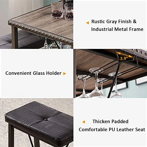 O&K FURNITURE Bar Table And Chairs Set Of 4, Industrial Dining Table Set With Glass Holder, Kitchen Table With Upholstered Bench And Stools, Counter Height Pub Table Set For Small Space(Gray) 3 O&K FURNITURE Bar Table And Chairs Set Of 4, Industrial Dining Table Set With Glass Holder, Kitchen Table With Upholstered Bench And Stools, Counter Height Pub Table Set For Small Space(Gray) - Image 3