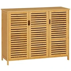 VIAGDO Buffet Sideboard Storage Cabinet, Kitchen Cupboard With 3 Louvered Doors, Buffet Server Console Table, Accent Cabinet, For Dining Room, Living Room, Kitchen, Hallway, Natural Bamboo