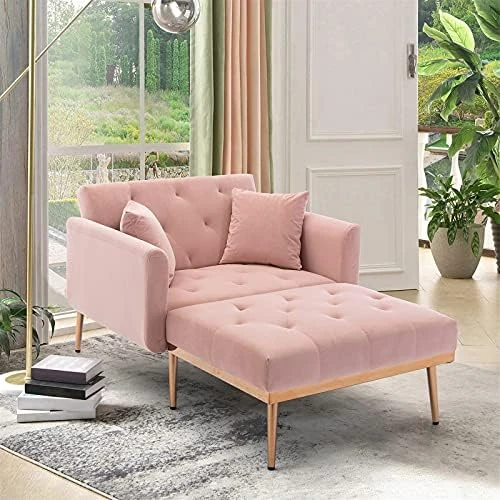 SLEERWAY Velvet 2 In 1 Chaise Lounge Chair Indoor, Modern Single Sofa Bed With Two Pillows, Recliner Chair With 3 Adjustable Angles, Convertible Sleeper Chair For Living Room And Bedroom (Pink) 9 SLEERWAY Velvet 2 In 1 Chaise Lounge Chair Indoor, Modern Single Sofa Bed With Two Pillows, Recliner Chair With 3 Adjustable Angles, Convertible Sleeper Chair For Living Room And Bedroom (Pink) - Image 9