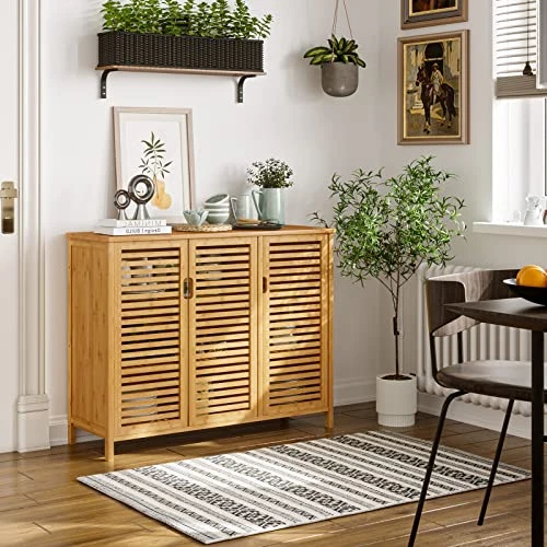 VIAGDO Buffet Sideboard Storage Cabinet, Kitchen Cupboard With 3 Louvered Doors, Buffet Server Console Table, Accent Cabinet, For Dining Room, Living Room, Kitchen, Hallway, Natural Bamboo 3 VIAGDO Buffet Sideboard Storage Cabinet, Kitchen Cupboard With 3 Louvered Doors, Buffet Server Console Table, Accent Cabinet, For Dining Room, Living Room, Kitchen, Hallway, Natural Bamboo - Image 3