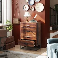 WLIVE Dresser For Bedroom With 4 Drawers, Chest Of Drawers, Tall Dresser Drawers With Sturdy Metal Frame For Nursery, Hallway, Living Room, Closet, Brown Oak -Songmics Furniture Shop 51vascrf4QL